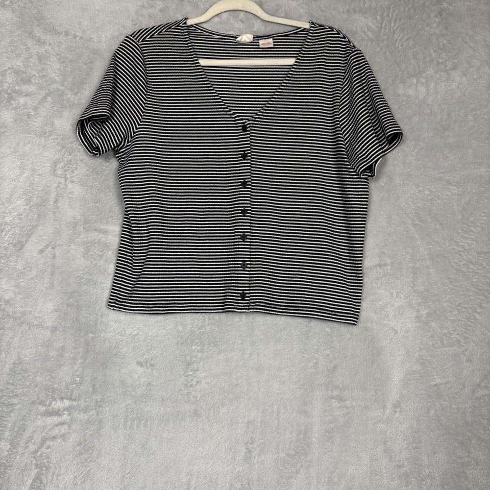 Levi's Womens XXL Striped Top Ribbed Button Front V-Neck Short Sleeve Preppy